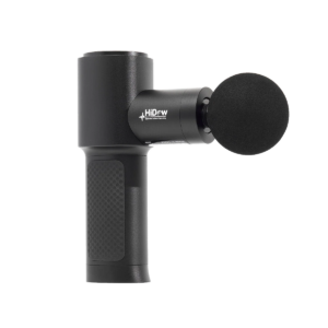 Black HiDow mini massage gun with round attachment head, isolated on transparent background for product display