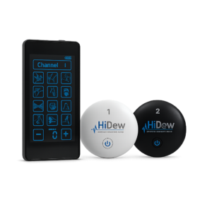 HiDow muscle stimulator device set including touchscreen controller and wireless therapy pods for targeted pain relief and recovery